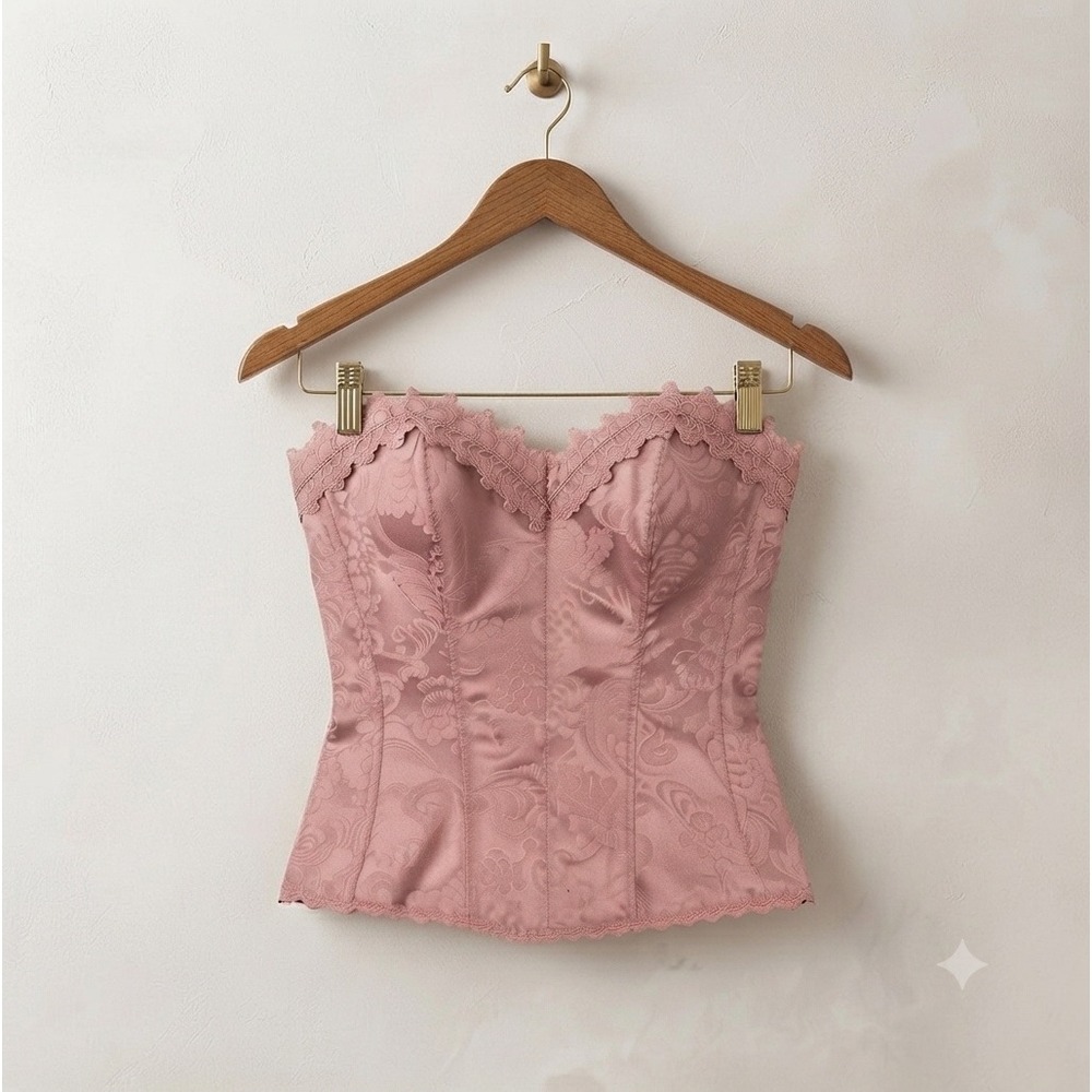 Fredericks of Hollywood Pink Floral Brocade Lace Trim Corset Bustier 36 Coquette